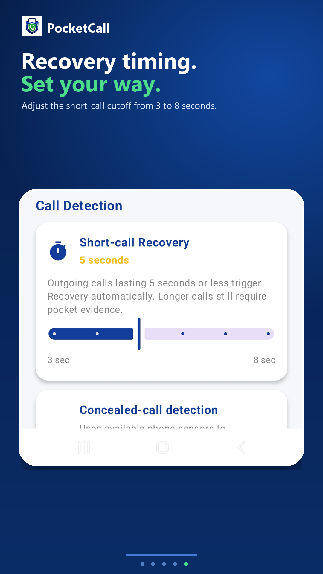 PocketCall Pro Settings with adjustable Short-call Recovery timing
