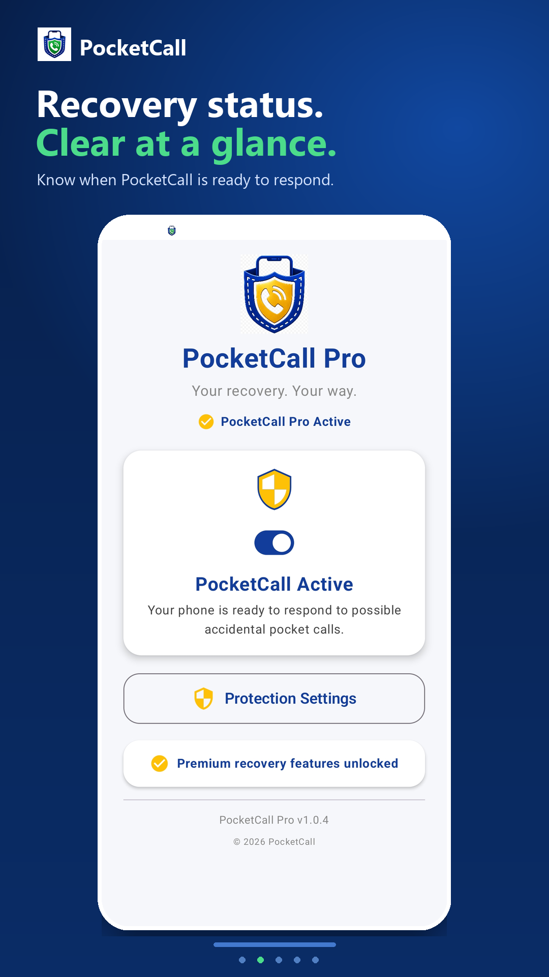PocketCall home screen showing protection is active