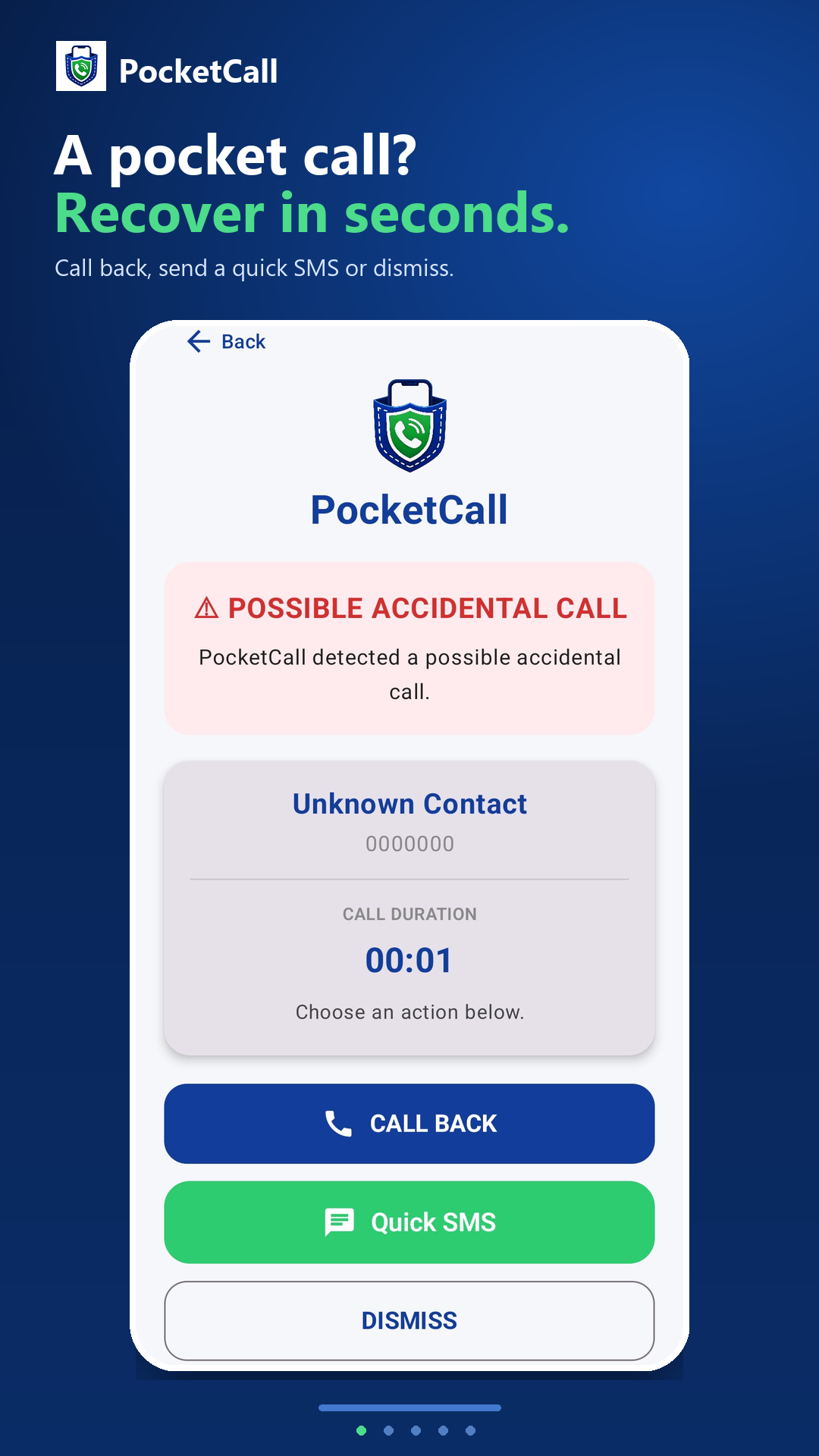 PocketCall Recovery screen with Call Back, Quick SMS and Dismiss actions